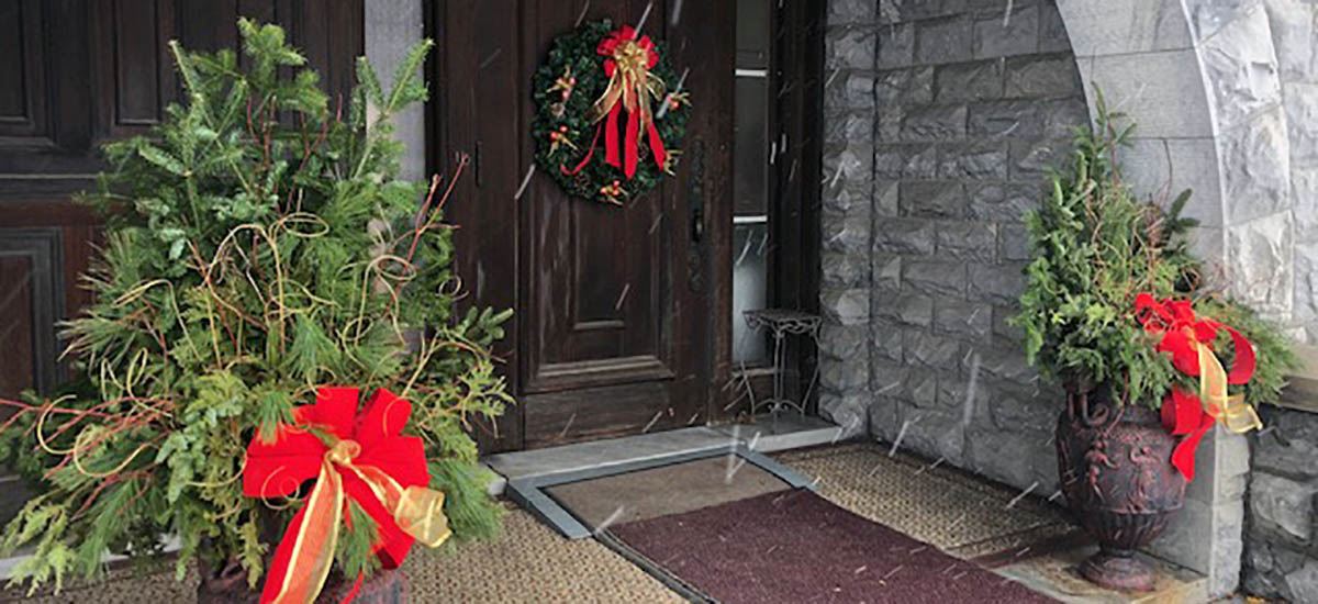 Chaffee doorway decorated for the holidays.
