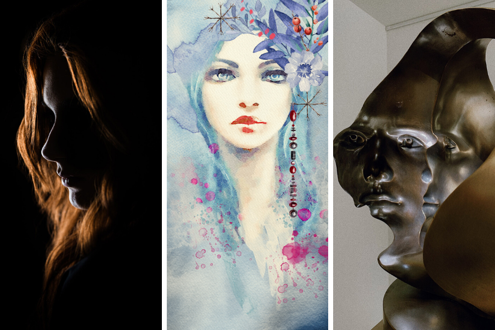 Collage of different portrait images - photo, watercolor, sculpture