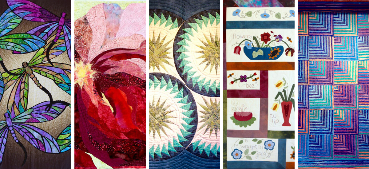 Grid of five different colorful quilts.