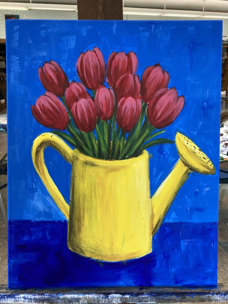 painting of tulips in a watering can